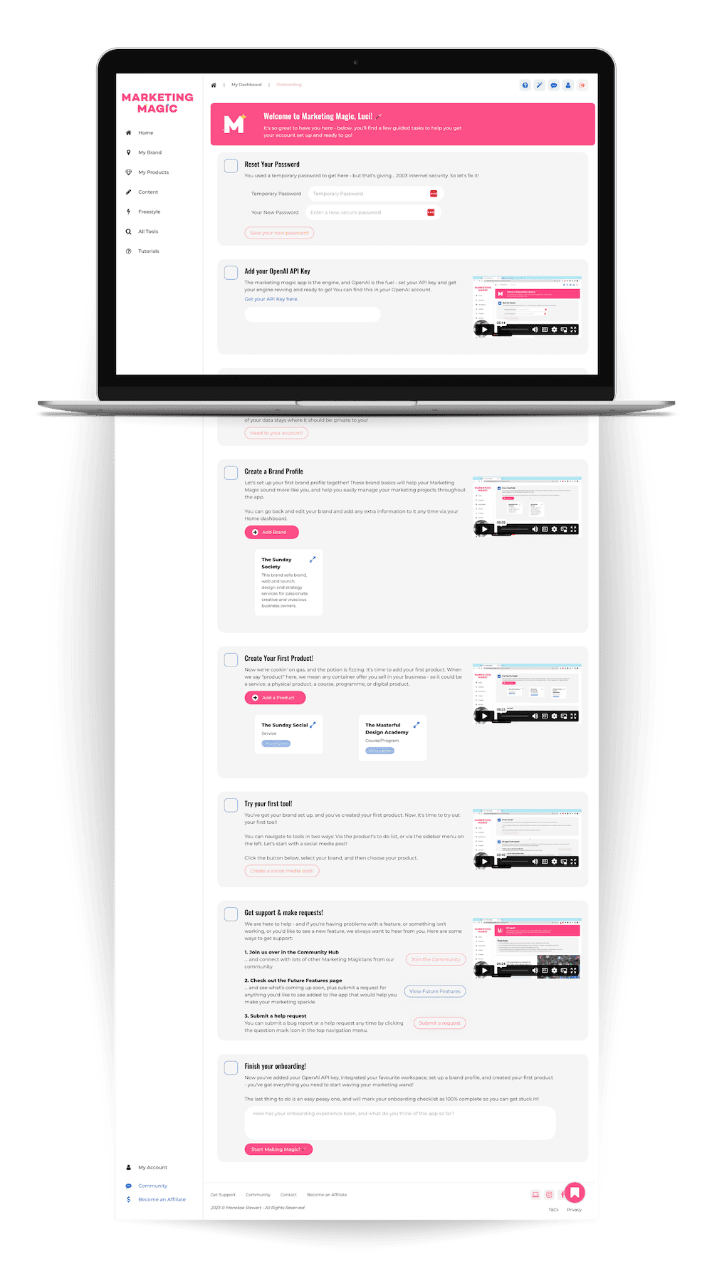 A mockup of the Marketing Magic ai marketing tool on laptop demonstrating the easy onboarding dashboard.