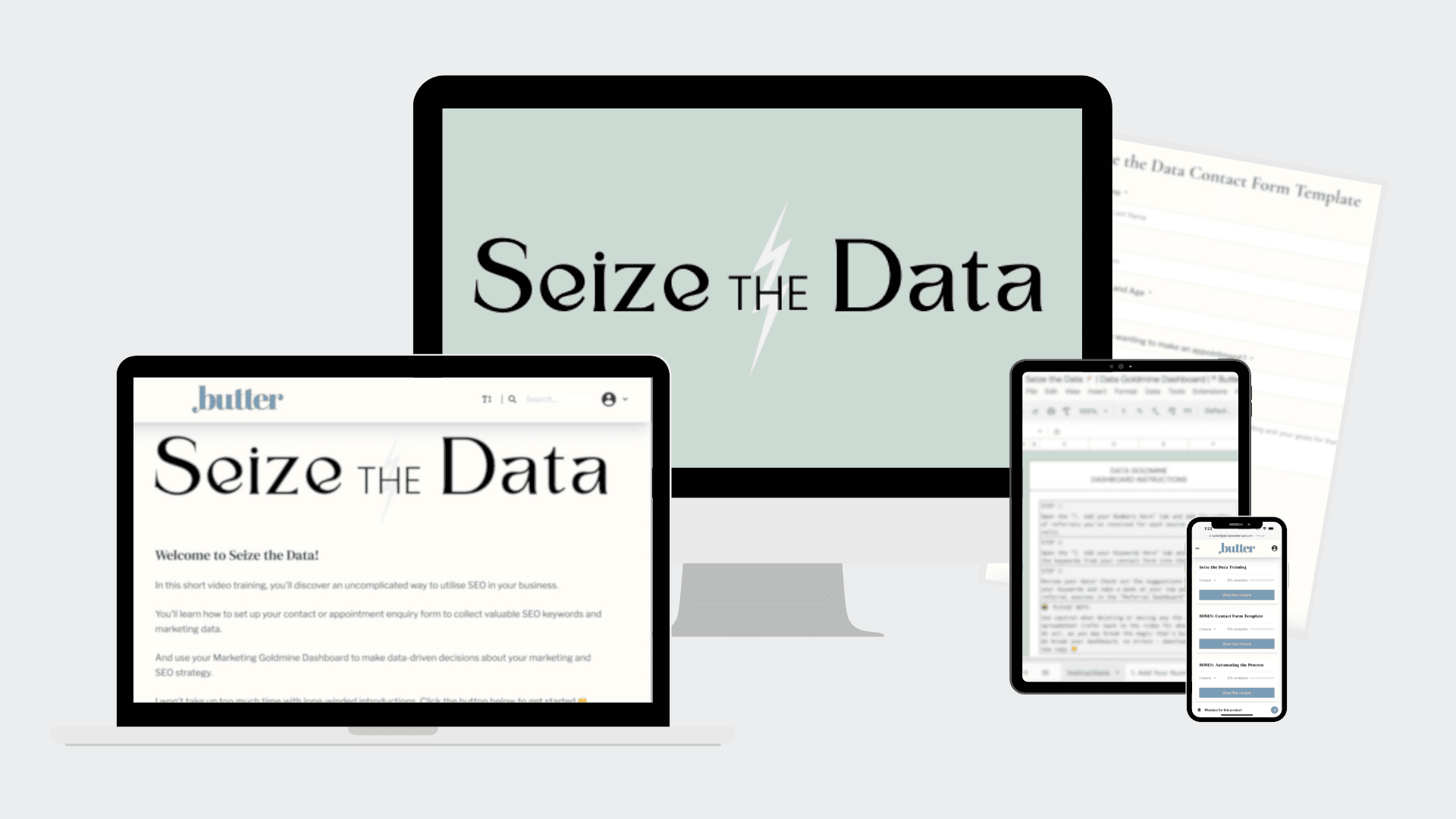 Seize the data mockup showing the course platform, Data Goldmine Dashboard, Contact Form Template and mobile access.
