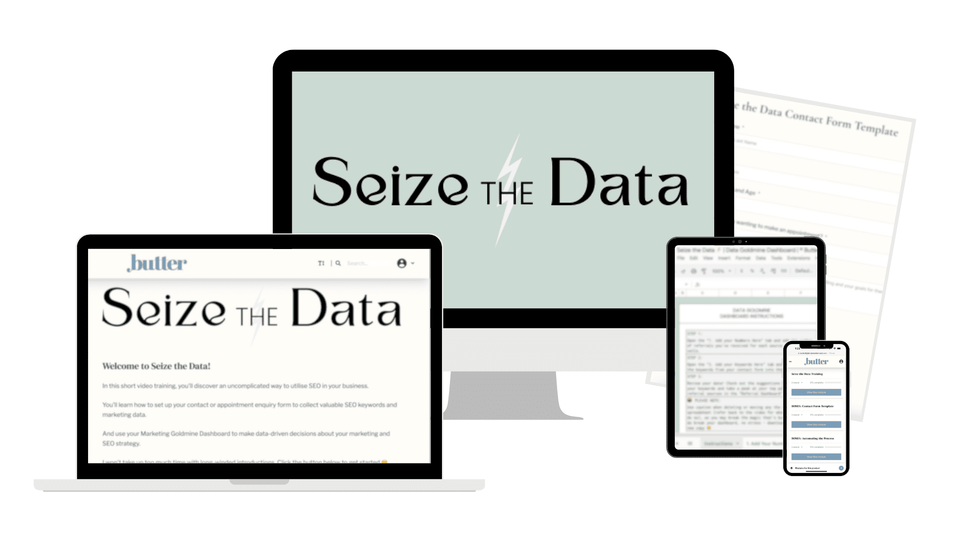 Seize the data mockup showing the course platform, Data Goldmine Dashboard, Contact Form Template and mobile access.