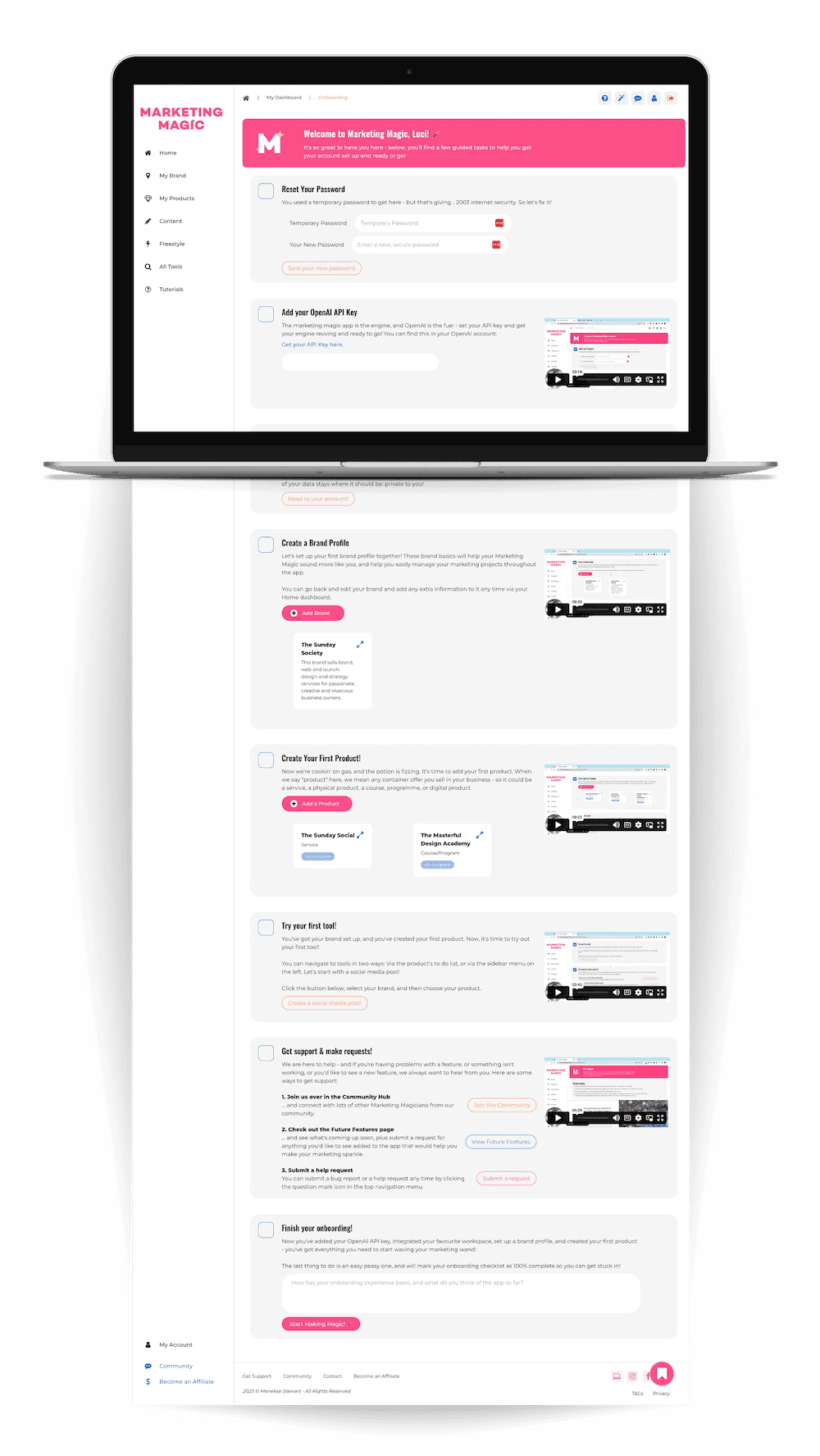 A mockup of the Marketing Magic ai marketing tool on laptop demonstrating the easy onboarding dashboard.
